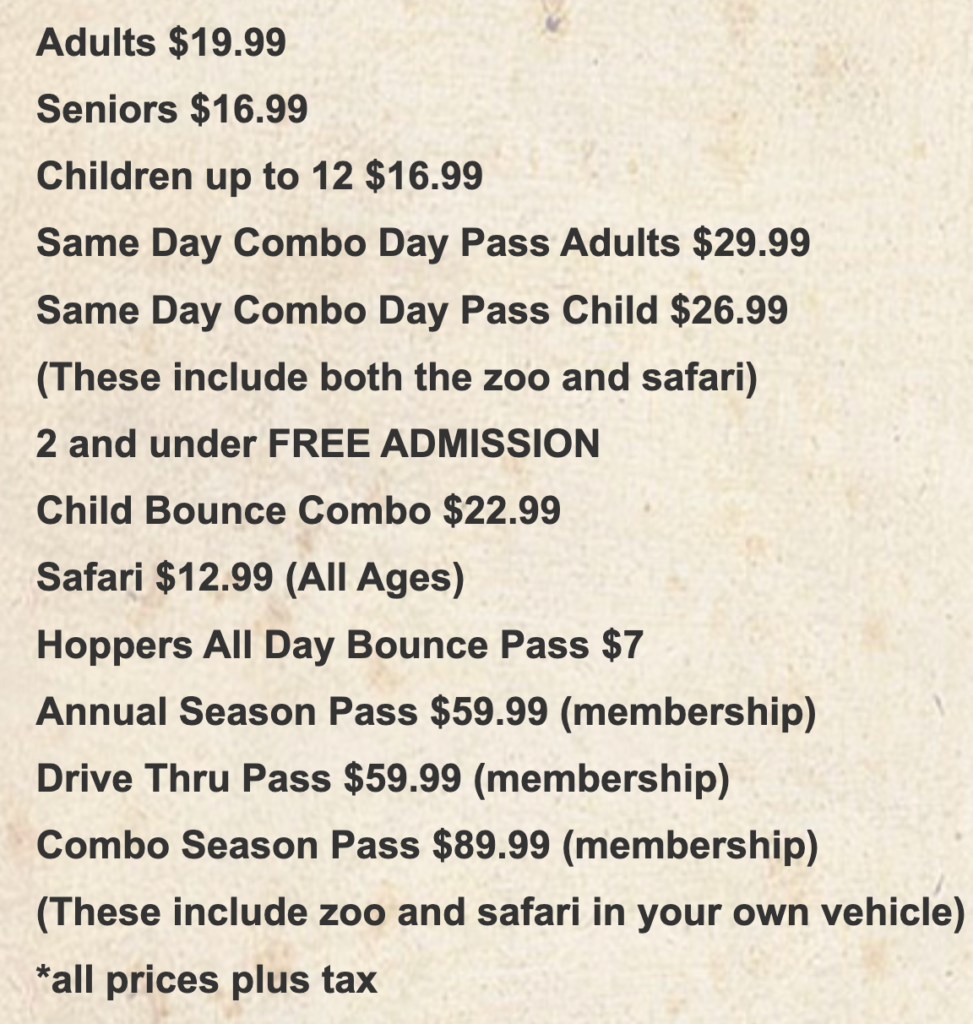 Admission prices for The Wild Animal Park.
